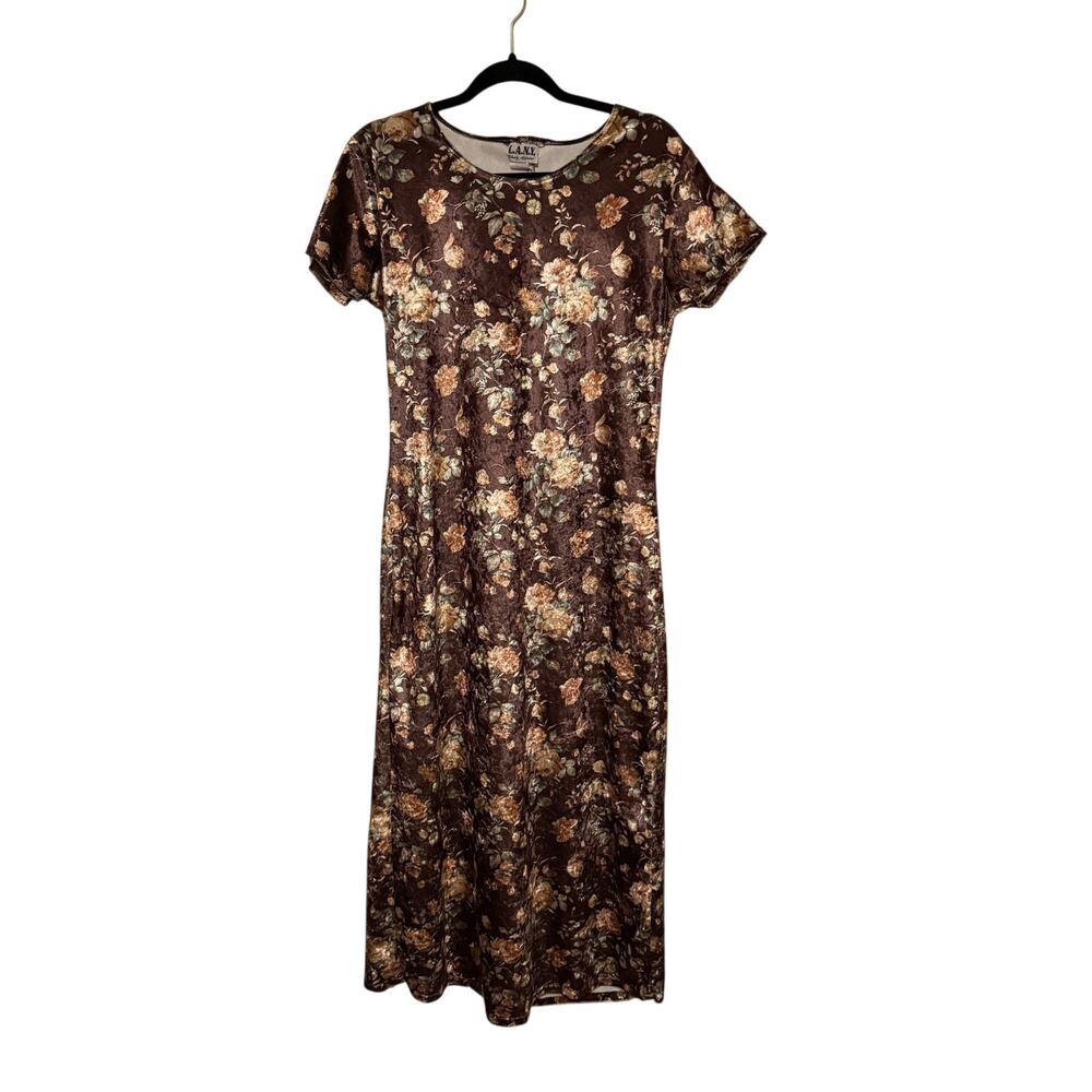 Vintage 90s LANY Brown Floral Velvet Maxi Dress Large Made in USA Grunge